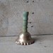 Vintage Metal Dinner Bell Crimped Wood Handle Old Green Paint Farmhouse Shabby Cottage Toy