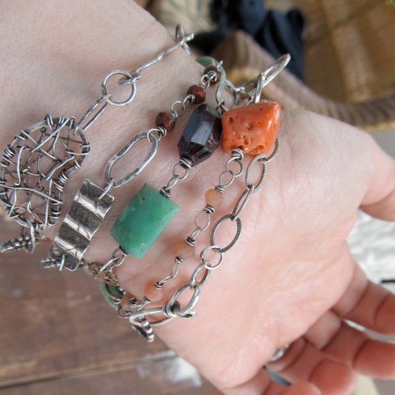 Long Funky Sterling Necklace Gemstone charms Turquoise Orange