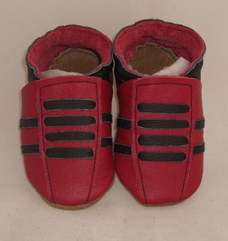 NEW soft sole leather BABY crib shoes red and black running