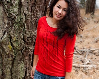 Graphic tee for women- S,M,L, womans tops tshirts, silkscreen womens t-shirt, womens tees, tops & tees, red 3/4 sleeve tshirt, strings