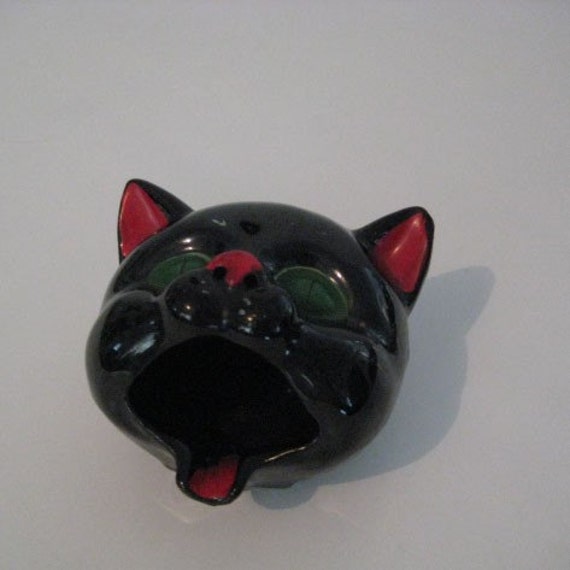 little vintage black cat ashtray redware mid century