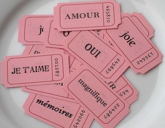 Pink French Words Tickets Embellishments - Set of 12