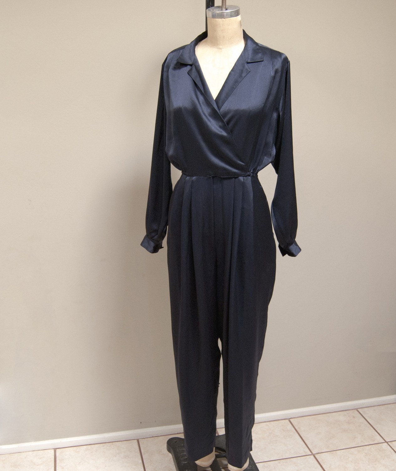 Midnight Blue Satin Long-Sleeve 80s Jumpsuit by Liz Claiborne