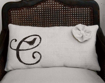 Bird Letter Custom Monogram - Burlap Lumbar Pillow w/ Flower