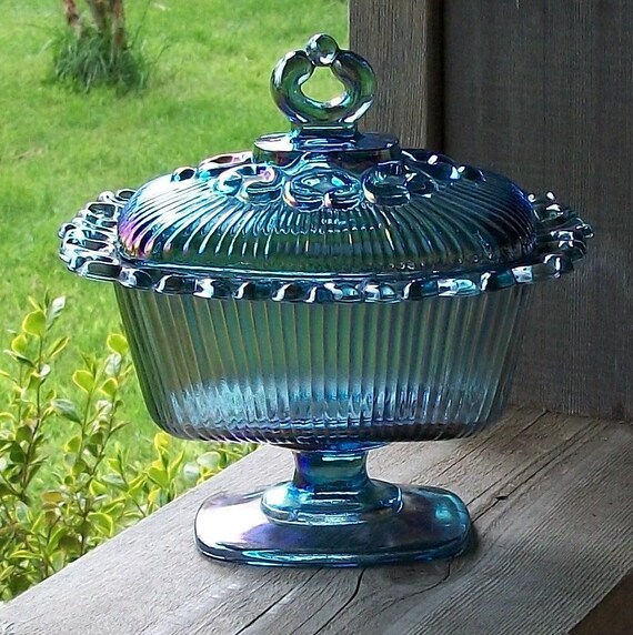 Blue Iridescent Candy Dish with Lid