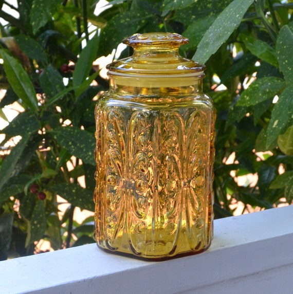 Scrolled Amber Canister Apothecary Jar by RoyalHillVintage on Etsy