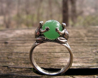 Sterling Silver Frogs Ring With Aventurine