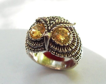 Sterling Silver Owl Ring With Citrine Eyes