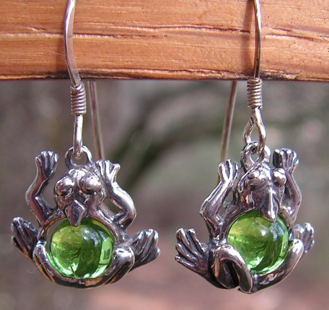 Sterling Silver Frog Earrings With Peridot