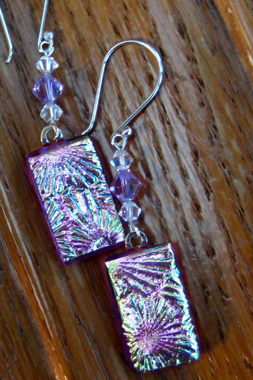 Dichroic Fused Glass Drop Earrings Purple Flowers