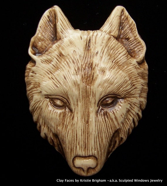 Wise Wolf HEAD FACE CAB Cabochon Antiqued Ecru Polymer Clay