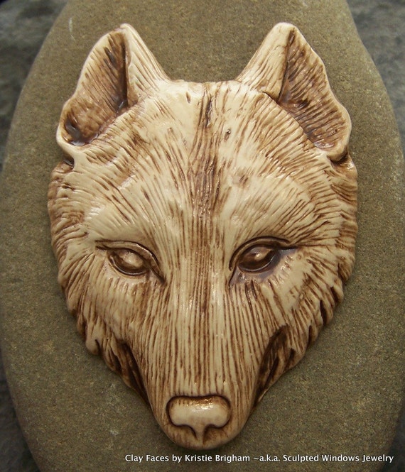 Wise Wolf Head Face Cab Cabochon Antiqued Ecru Polymer Clay