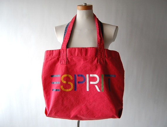 Large vintage Red Cotton ESPRIT Tote Bag . Canvas . Multi Colored ...