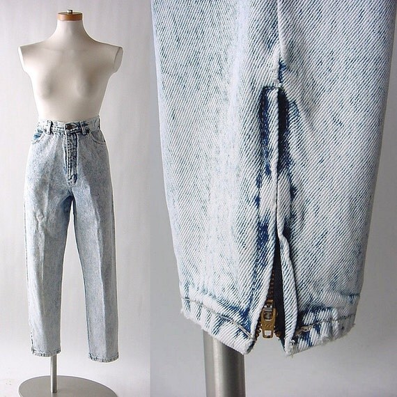 80s Acid Washed Cropped Peg Leg High Waist Jeans with Zipper