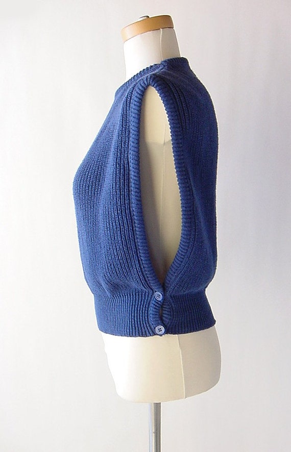 80s Vintage Cotton Shaker Knit Blue Sweater Vest . Open Sides