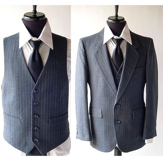 Vintage 3 Piece Mens Suit . Charcoal Grey Pinstripe Wool 39 40