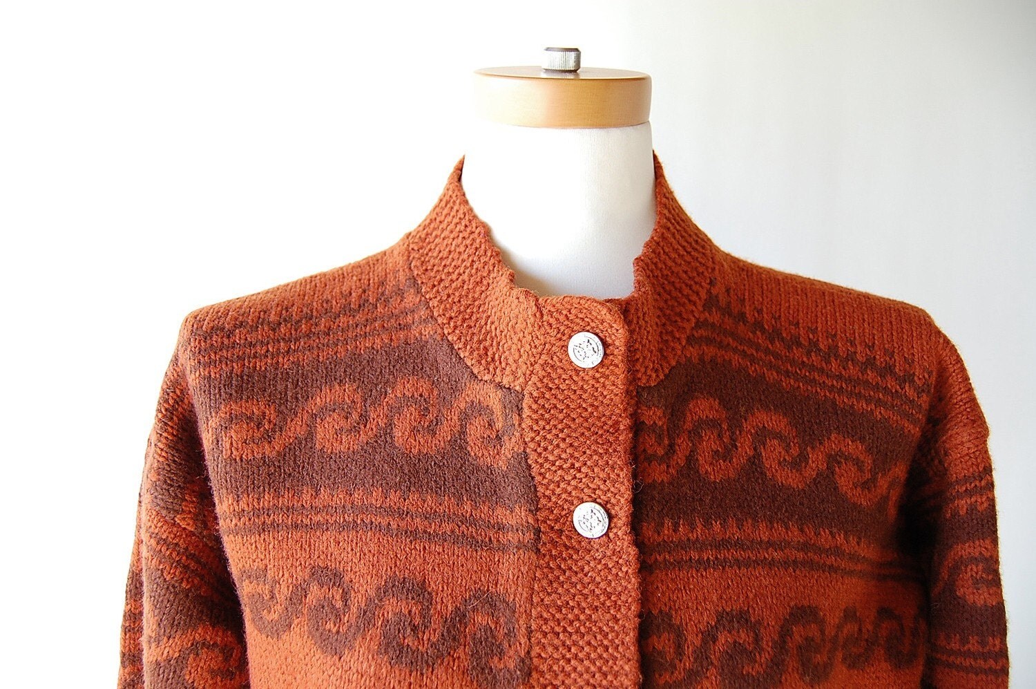 vintage Handmade Wool Cardigan Sweater . Burnt Orange