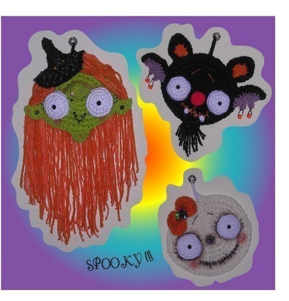 Halloween Witch Skull Bat Digital PDF Crochet Pattern Primitive Potholders or Decorations by Peggytoes Pot Holder Hot Pad