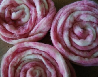 pink hand painted wool fleece roving *wet or *dry felting *weaving *spinning