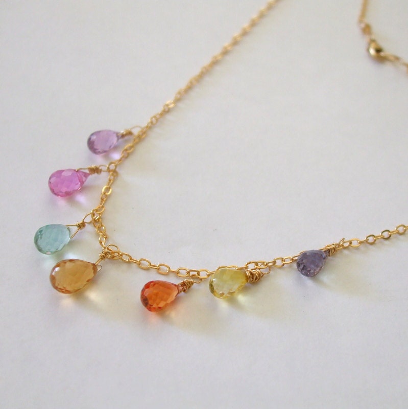 Multi Colored Gemstone Necklace Corundum Quartz Briolette Gold