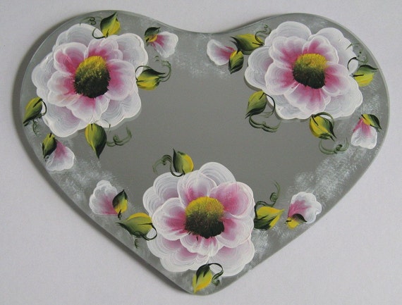 Hand Painted Heart Table Mirror - Enamel Paint - Pink Flowers - 488