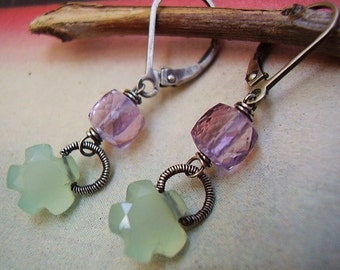 Chalcedony Flower & Amethyst Cube Earrings