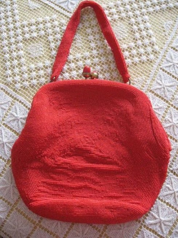 Vintage 50's Saks Fifth Ave Red Glass Beaded Handbag Purse