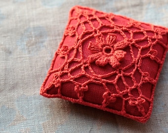 Linen pincushion - crochet motif -- red