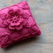 Linen pincushion - crochet motif -- fuschia
