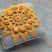 Linen pincushion - crochet motif -- yellow