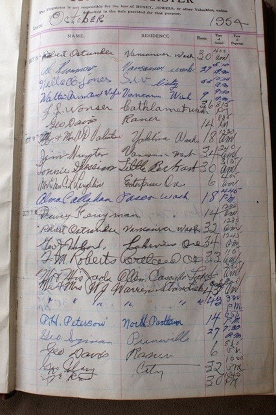 hotel ledger register handwritten filled 1954 haunted favorites paper signatures