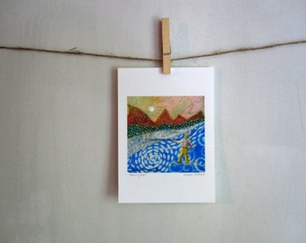 Morning Cast, fishing dude man, 5 x 7 Archival Reproduction Print