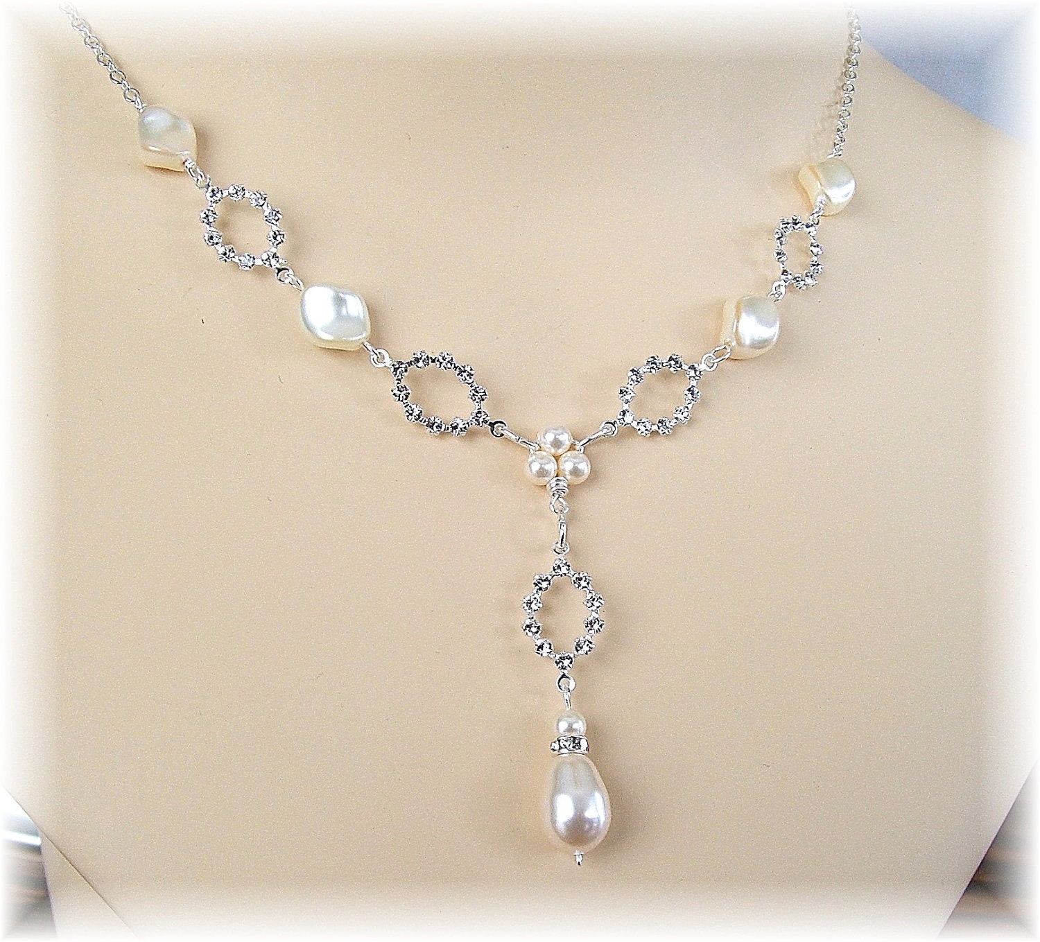 Cream Pearls Dainty Rhinestone Pearl Drop Wedding Necklace