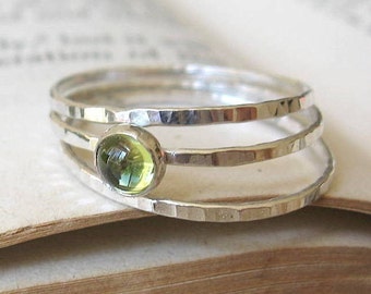 Peridot Gemstone Ring Stacking Rings in Hammered Sterling Silver
