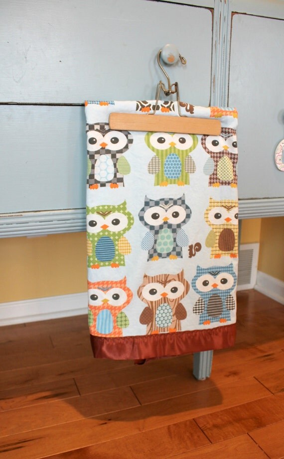 Owl minky blanket by PETUNIAS minky fabric satin edge