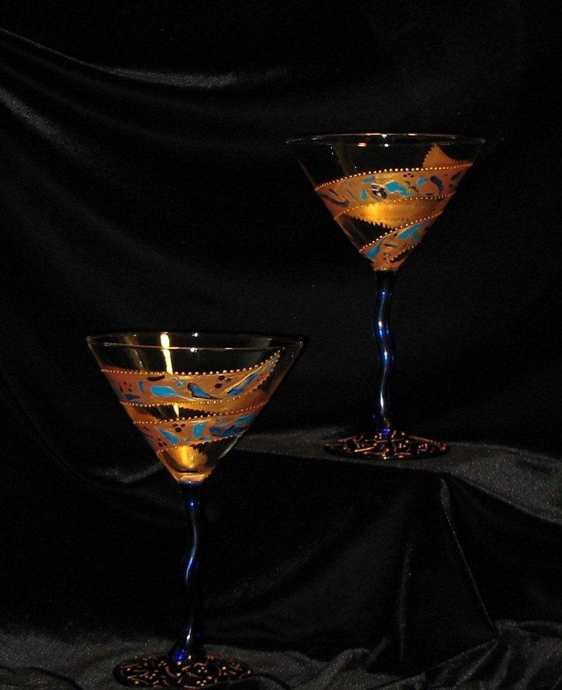 Hand Painted Gold Swirl Martini Glasses Cobalt Blue stem