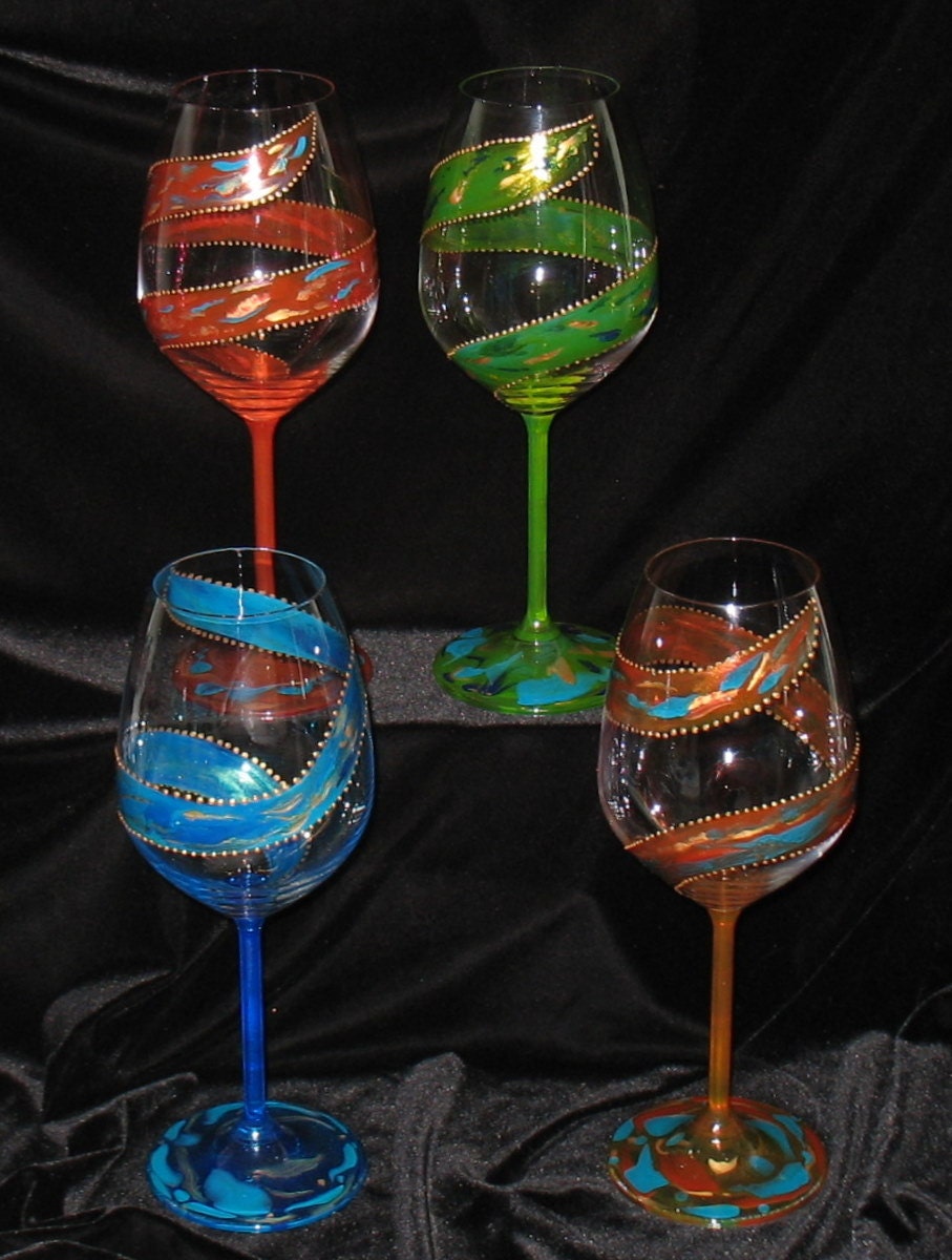 Colorful Hand Painted Spiral Swirl Stained Glass Wine Glasses