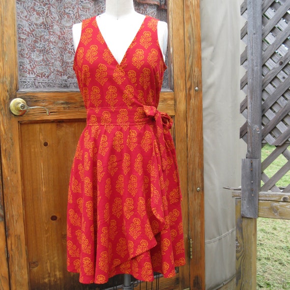 Womens Medium Red Wrap Sundress 100% Cotton by urbanprairiegirl