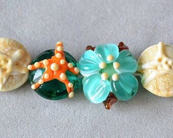 The Seashore...glass starfish flowers sand dollars bead mix handmade lampwork glass beads by Marianna