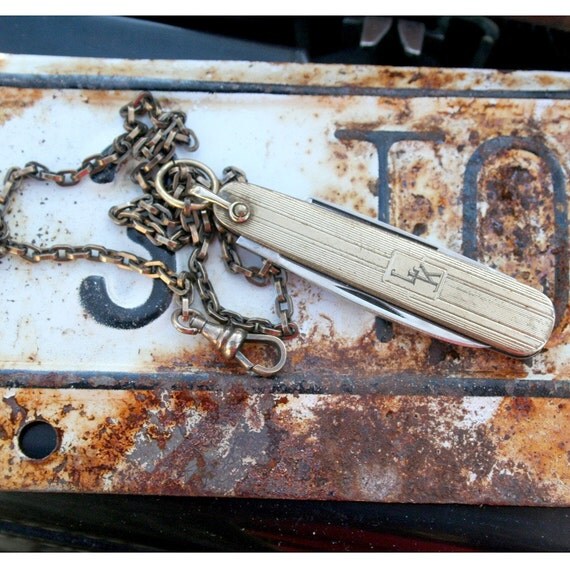 Vintage POCKET WATCH CHAIN with KNIFE TOOL FOB GOLD BRASS VERY