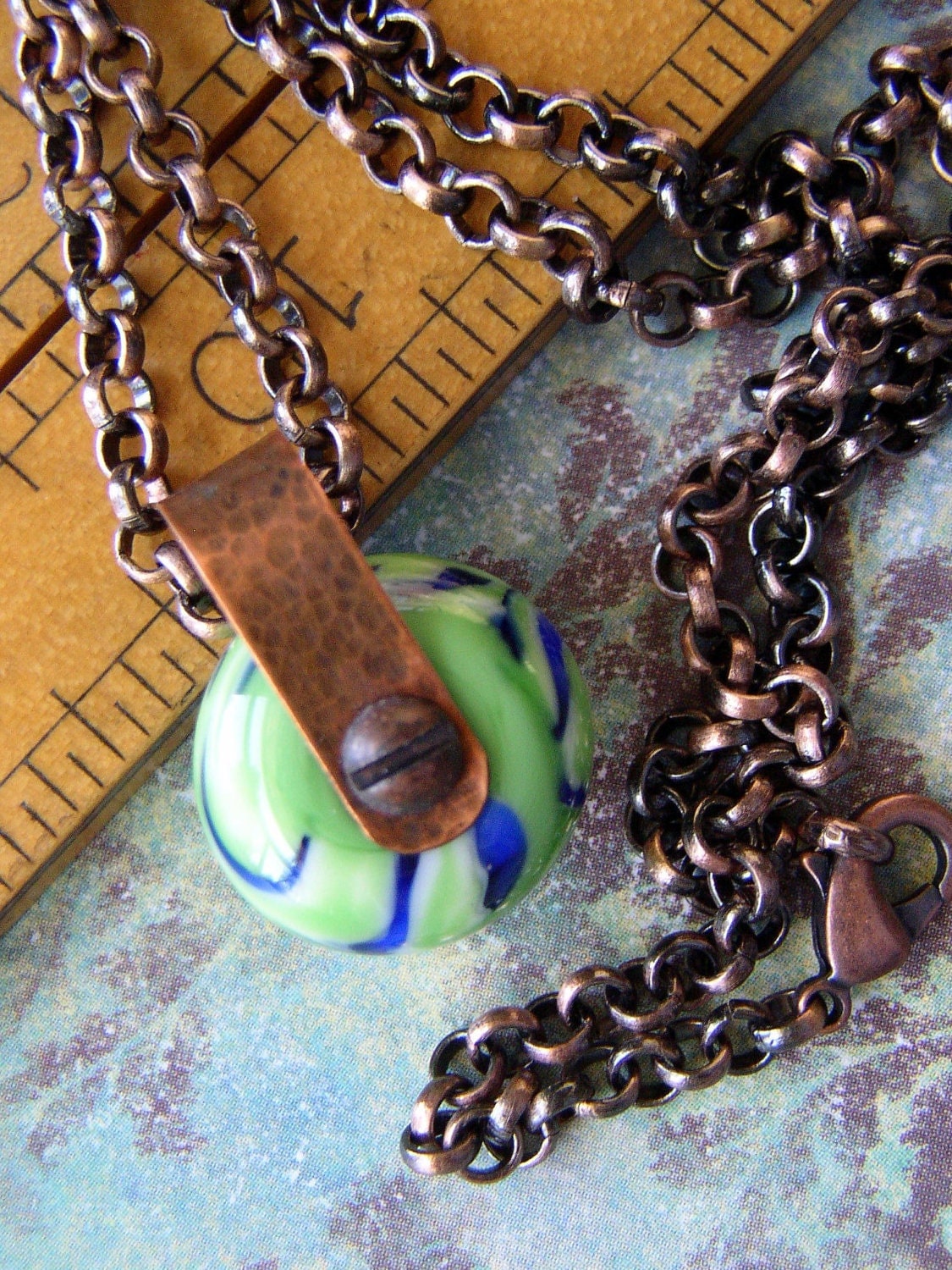 Steampunk Metal and Lampwork Bead Necklace on Antiqued Copper Rollo Chain
