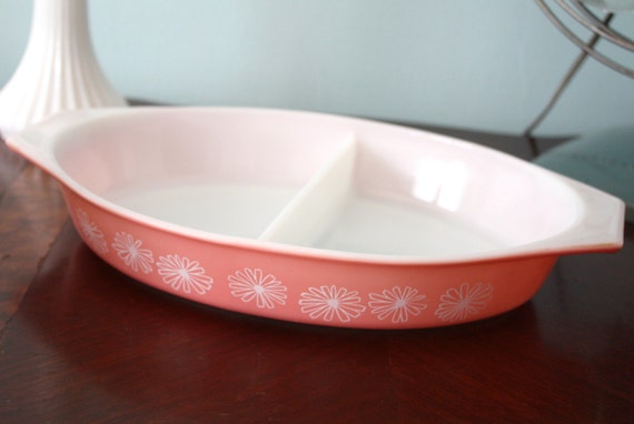 Pink Pyrex Divided Casserole Dish with Flower by TheRoughGem