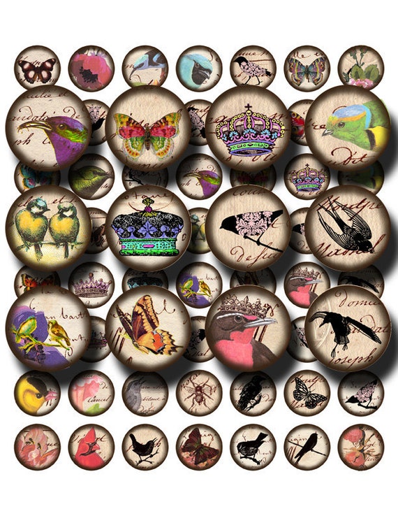 Download 1 inch circles birds butterflies crowns on old text for bottle