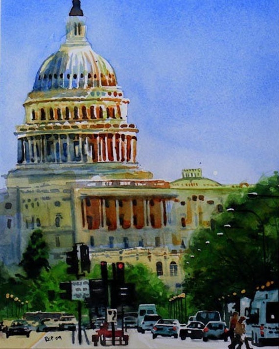 Washington DC Capitol Art An Original Watercolor By Rachelsstudio