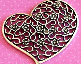 4pcs Big Antique Silver Filigree Heart Pendants EA7740Y