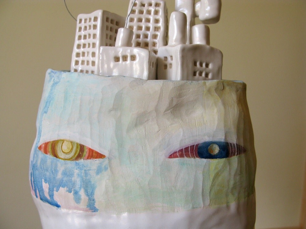 RESERVED Ceramic Sculpture City Head Mixed Media Art