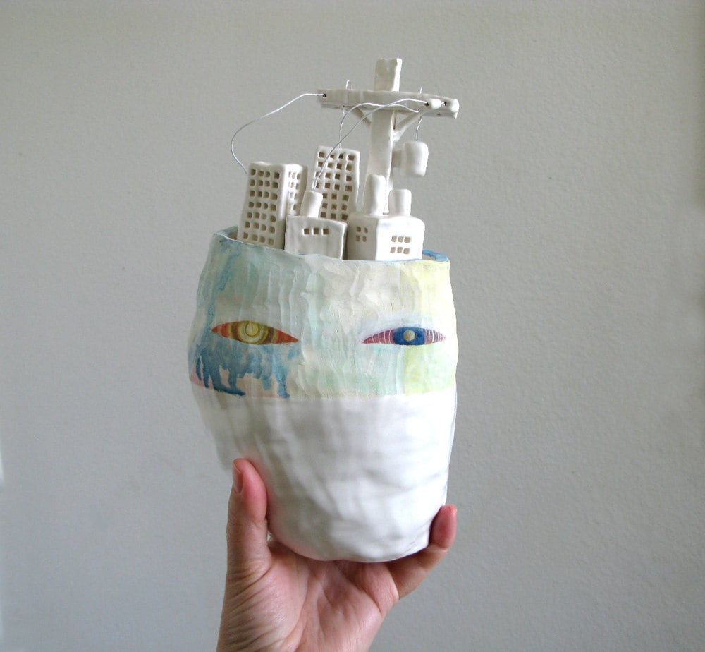 RESERVED Ceramic Sculpture City Head Mixed Media Art