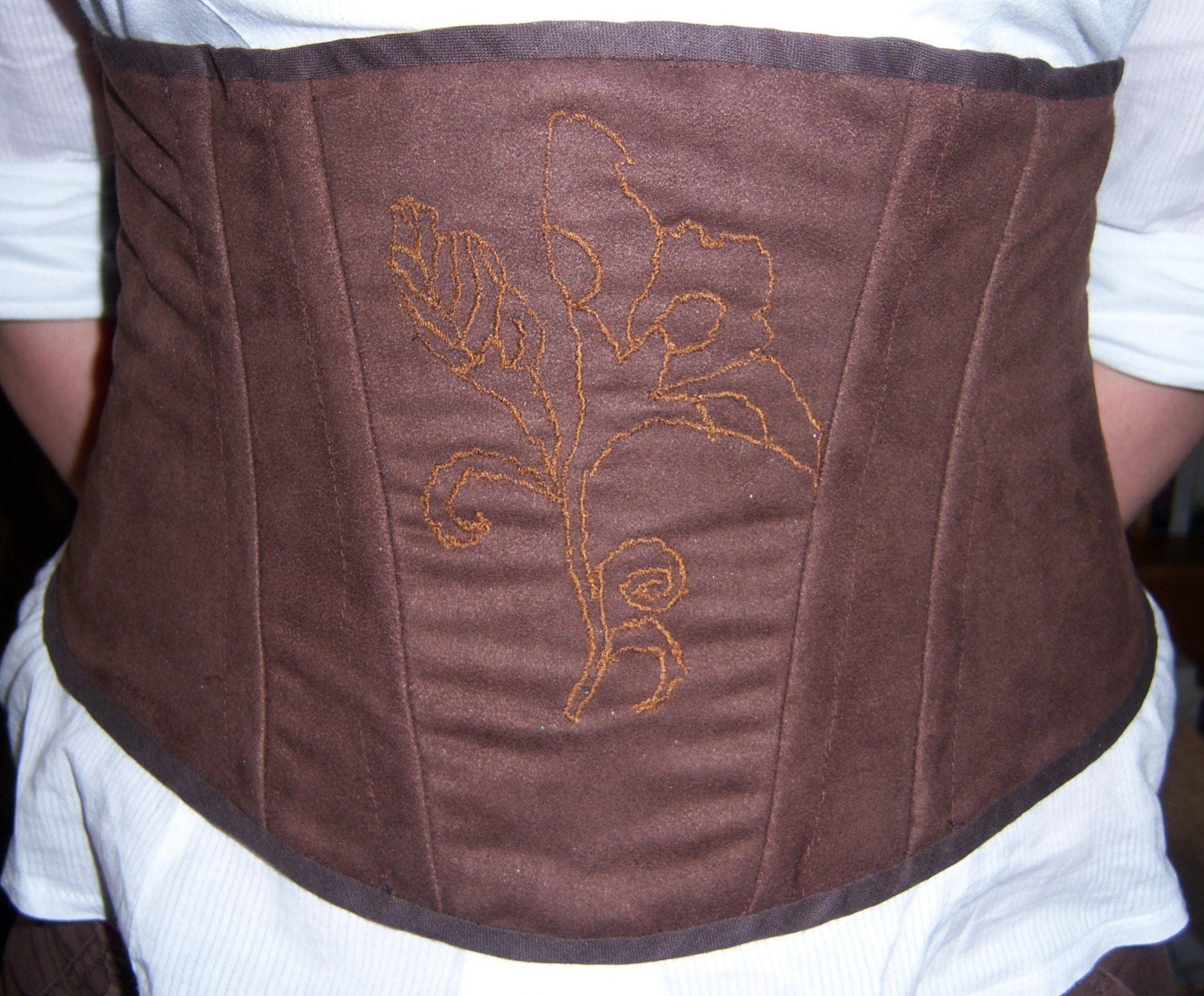 Brown Suede effect under bust corset with embroidery