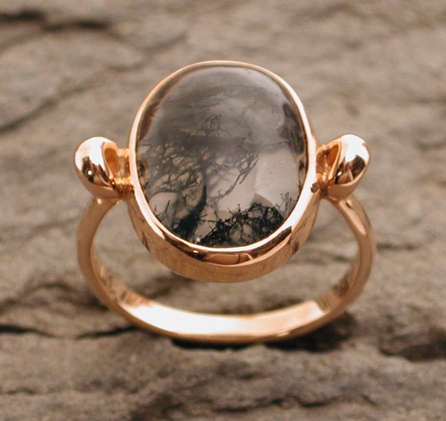 Mystical moss agate ring 14k rose pink gold jewelry