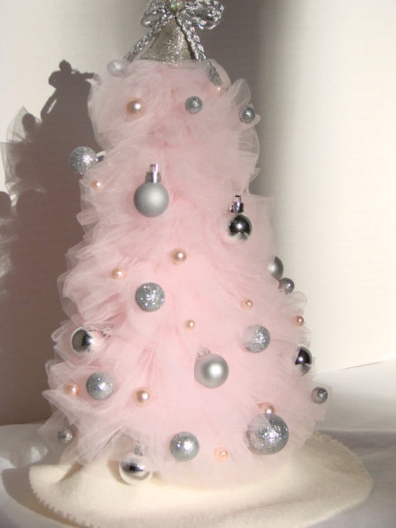 SALE Pink and Silver Tulle Christmas Tree Table Decoration
